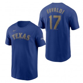 Men's Texas Rangers Nathan Eovaldi Nike Royal 2024 Gold Collection Name & Number T-Shirt